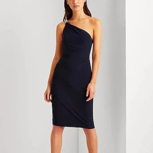open lace back dress Ralph Lauren Purple Label Black One Shoulder Long Dress